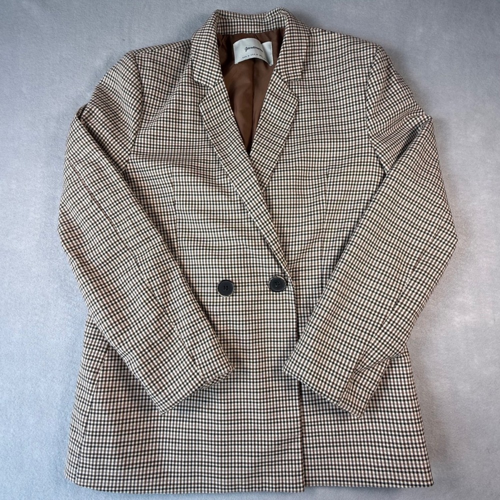 Stradivarius Brown Houndstooth Double Breasted Blazer Jacket Womens Size Medium